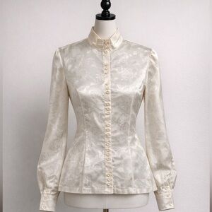 Women’s Elegant Vintage Pleated Tailored Cream Button-Up Silk Blouse
